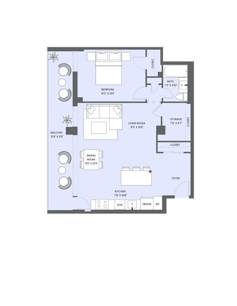 Floor plan for 1 bed, 1 bath, 719 sqft
